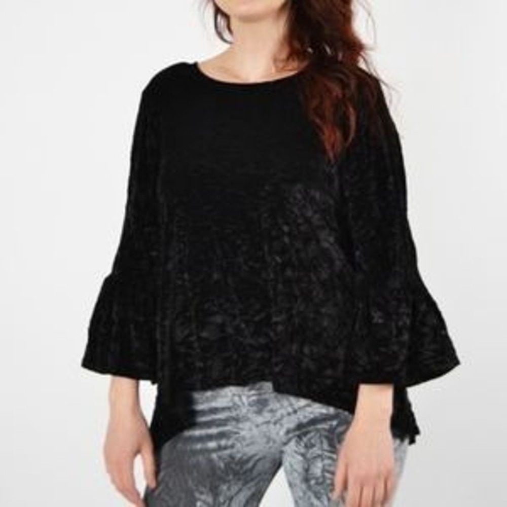 Bryn Walker Fran Black Silk Velvet Top 3/4 Ruffle Sleeves Size Large Boho